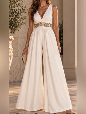 Vintage 60’s -70’s Cream Wide-Leg Jumpsuit with Gold Embellished Waistband